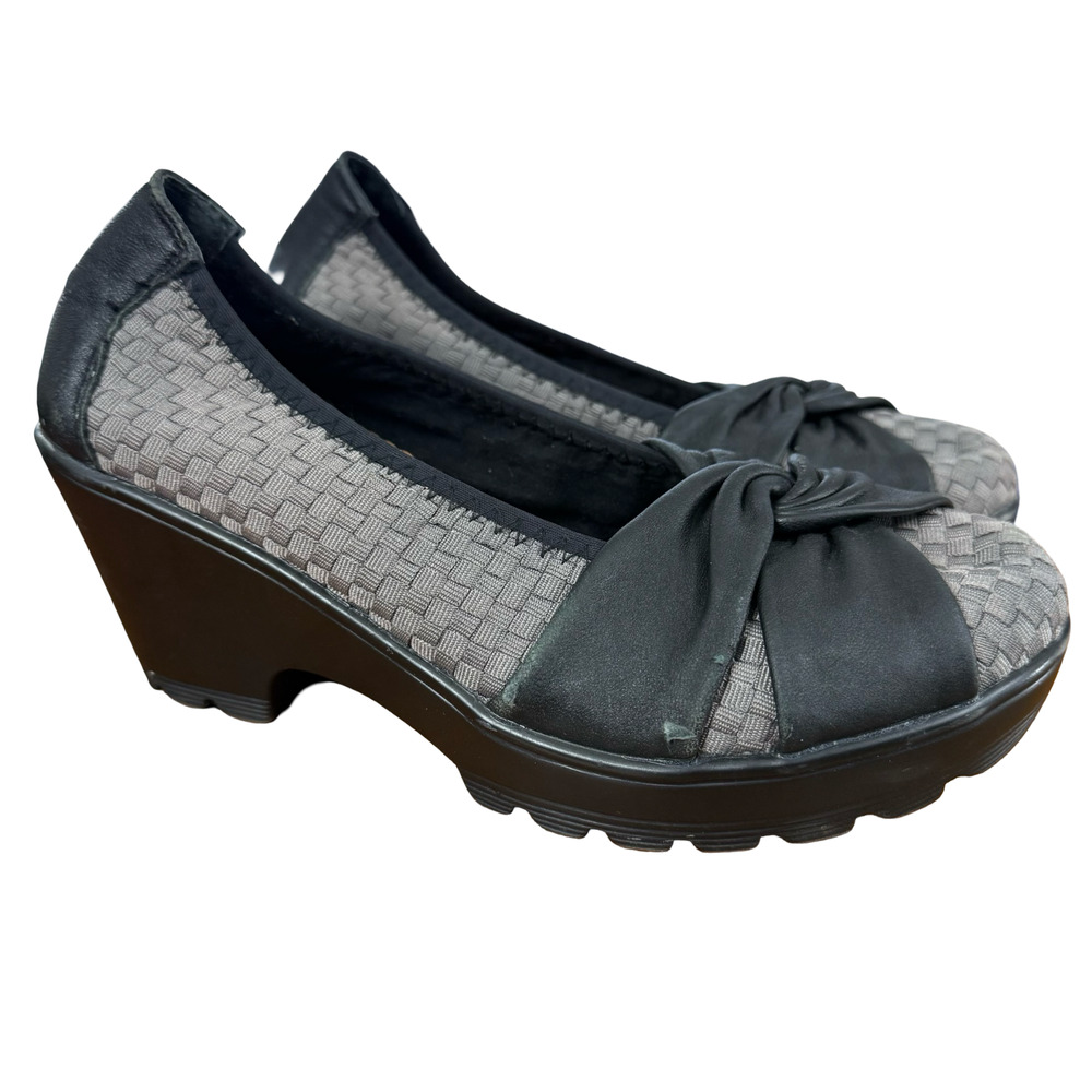 Bernie Mev Gray Black Twist Knot Leather Wedge Woven Shoes Slip On Womens sz 9